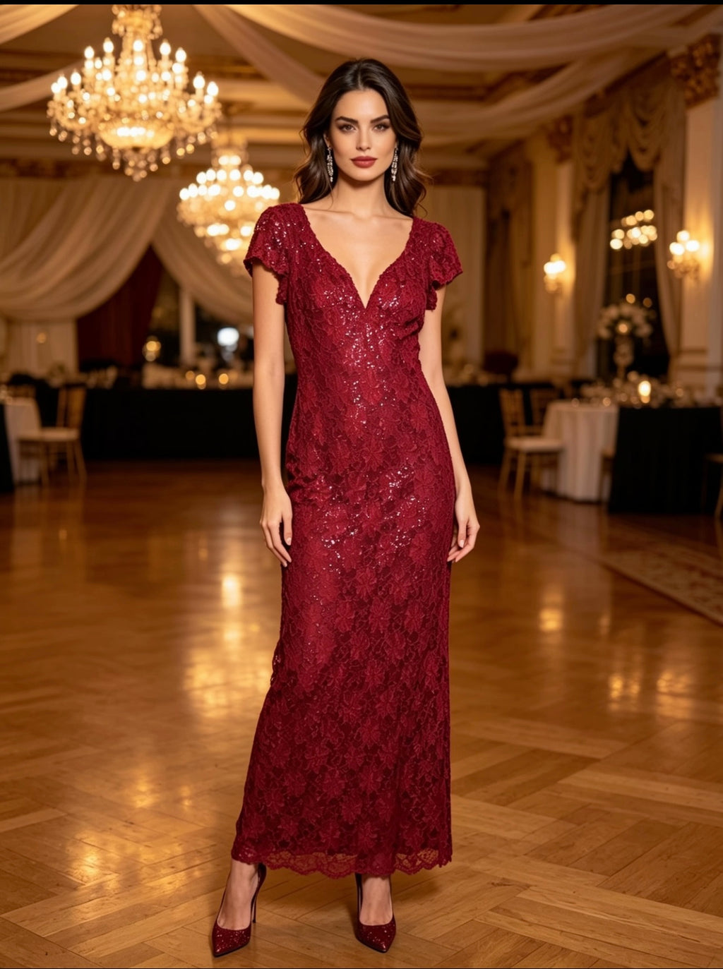 Vestido rojo talle S/M tela de encaje con hermoso escote en V