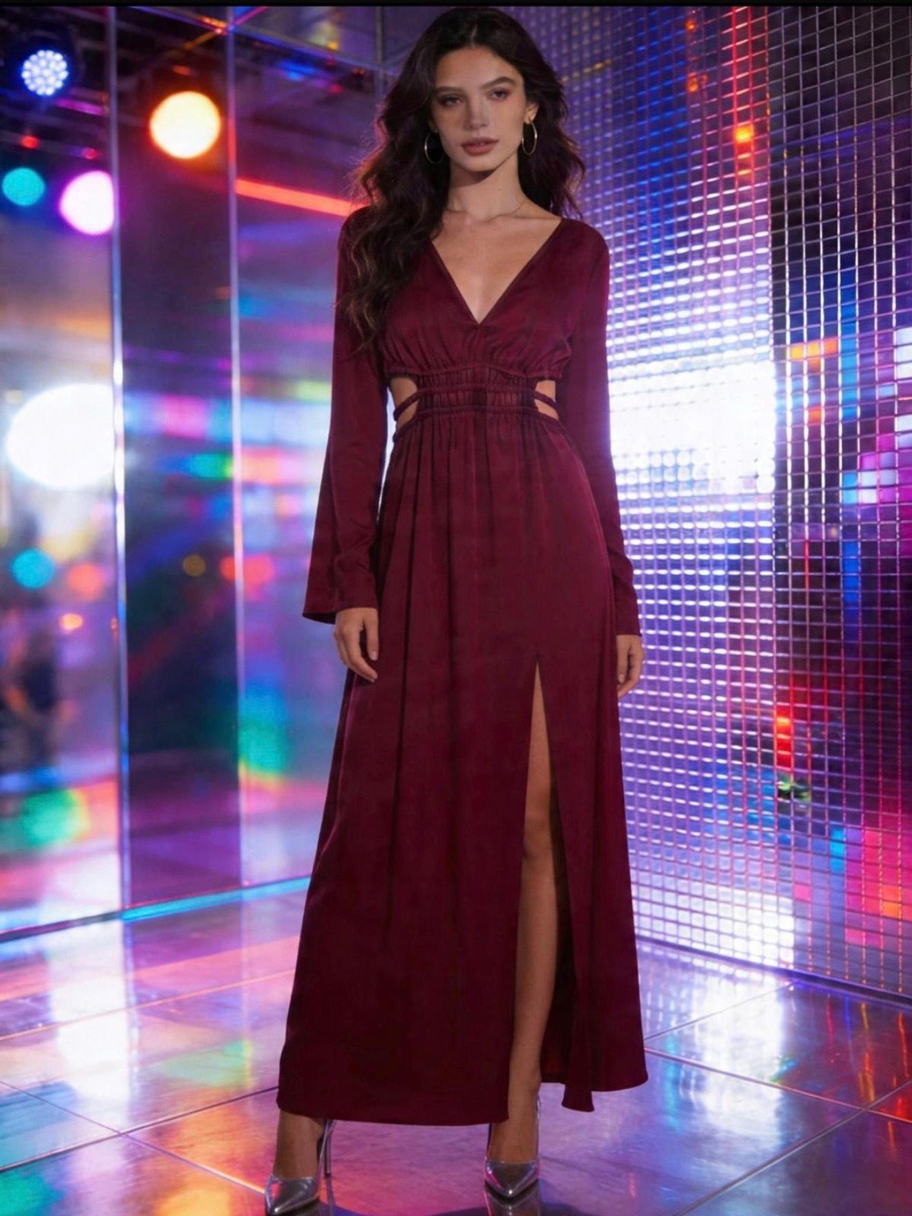 Vestido Largo Satinado Borgoña con Cuello en V, Cortes en la Cintura y Abertura
